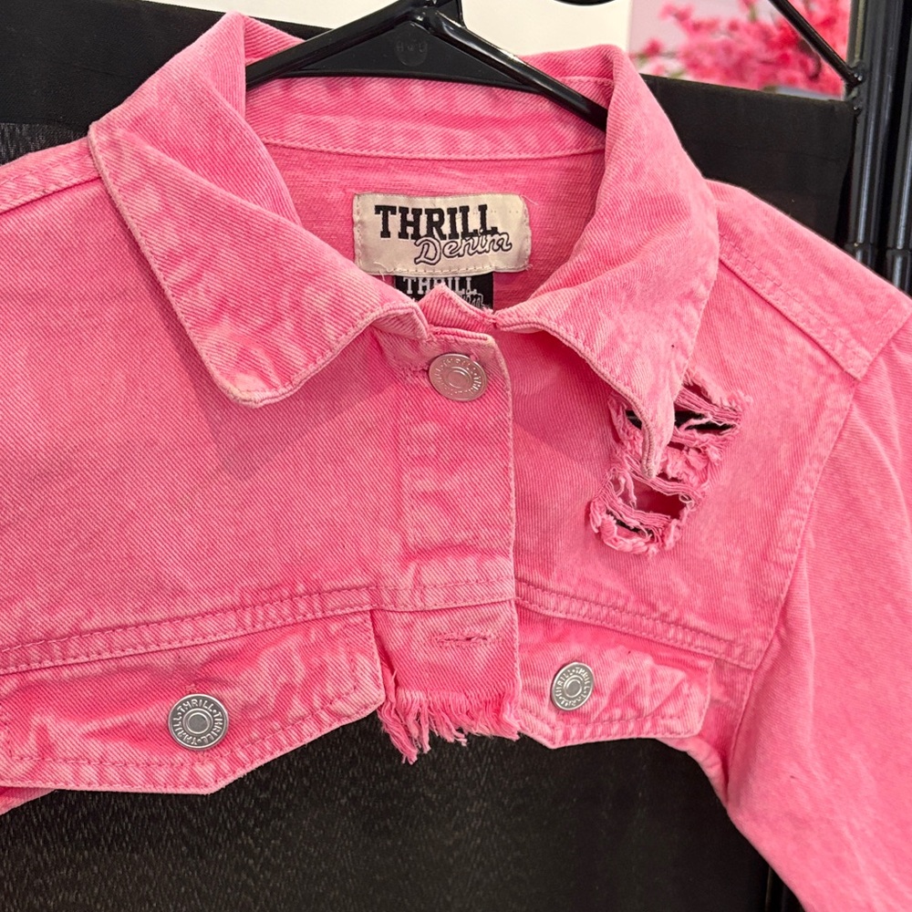 Thrill Pink Distressed Jean Jacket Women’s